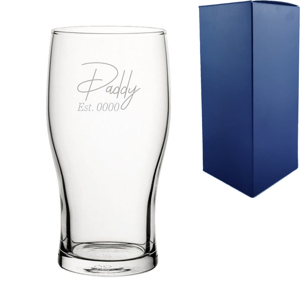 Engraved Tulip Pint Glass With Daddy Est. Date Design - part of the Personalised Beer Pint Glasses And Tankards collection