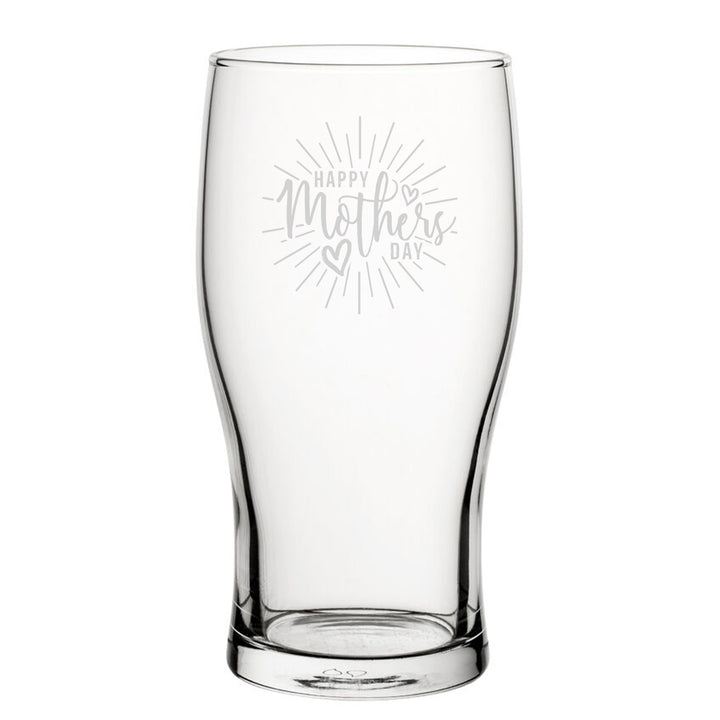 Happy Mothers Day Burst Design - Engraved Novelty Tulip Pint Glass - part of the Personalised Beer Pint Glasses And Tankards collection