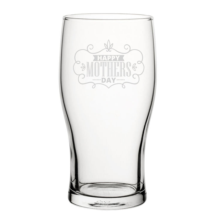 Happy Mothers Day Bordered Design - Engraved Novelty Tulip Pint Glass - part of the Gifts Finder Personalised Beer Pint Glasses And Tankards collection