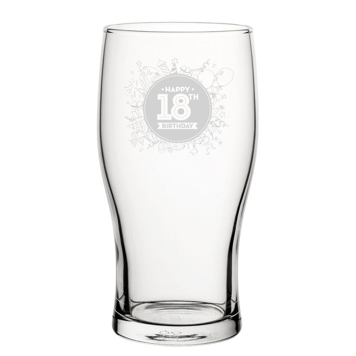 Happy 18th Birthday Round - Engraved Novelty Tulip Pint Glass - part of the Gifts Finder Personalised Beer Pint Glasses And Tankards collection