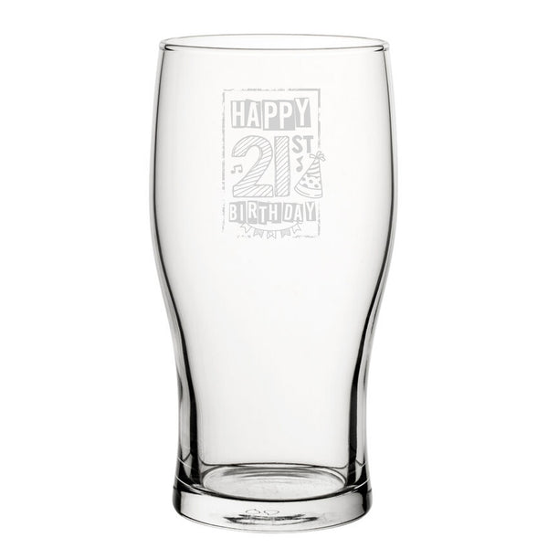 Happy 21st Birthday Bordered - Engraved Novelty Tulip Pint Glass - part of the Personalised Beer Pint Glasses And Tankards collection