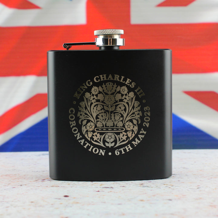 Engraved Commemorative Coronation of the King Black Hip Flask - part of the  collection