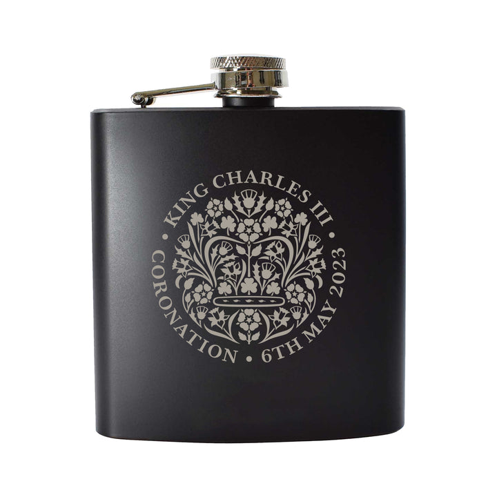 Engraved Commemorative Coronation of the King Black Hip Flask - part of the  collection