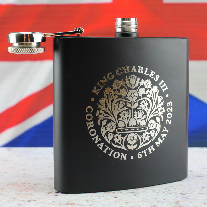 Engraved Commemorative Coronation of the King Black Hip Flask - part of the  collection