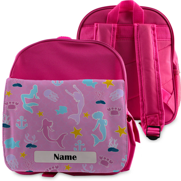 Printed Kids Pink Backpack with Mermaid Design, Customise with Any Name Image 1