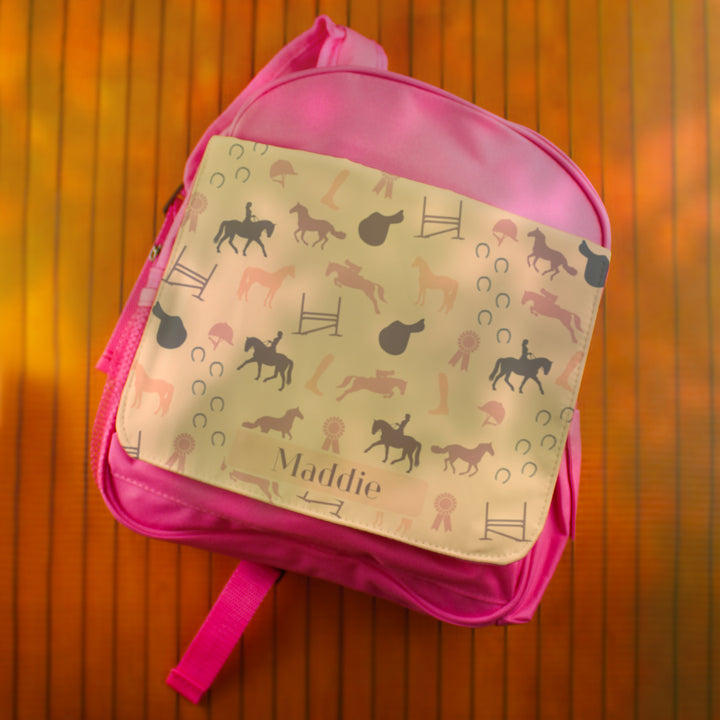 Printed Kids Pink Backpack with Horse Riding Design, Customise with Any Name Image 3
