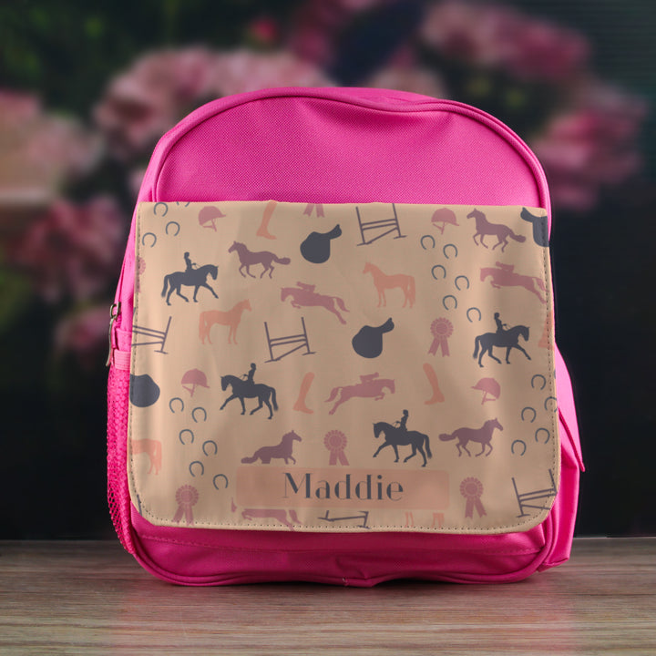 Printed Kids Pink Backpack with Horse Riding Design, Customise with Any Name Image 2