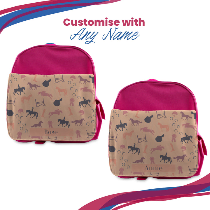 Printed Kids Pink Backpack with Horse Riding Design, Customise with Any Name Image 4