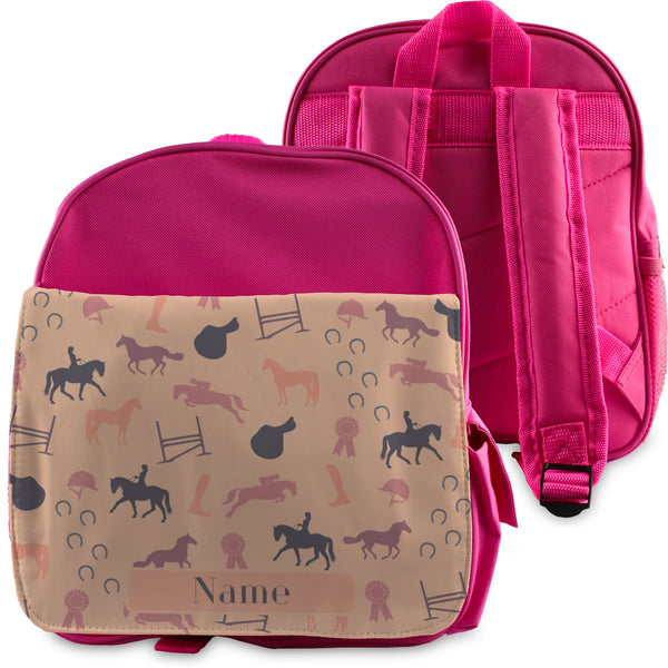 Printed Kids Pink Backpack with Horse Riding Design, Customise with Any Name in gift category 