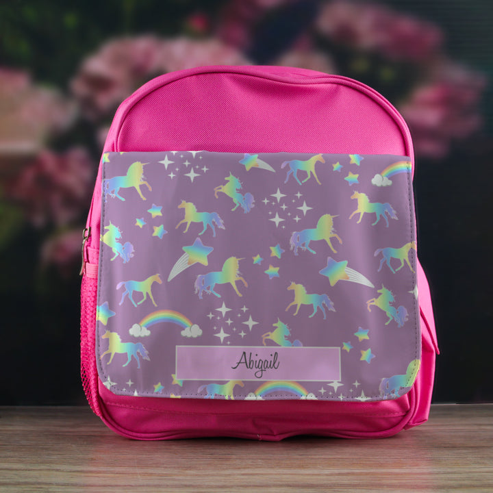 Printed Kids Pink Backpack with Unicorn Design, Customise with Any Name Image 3