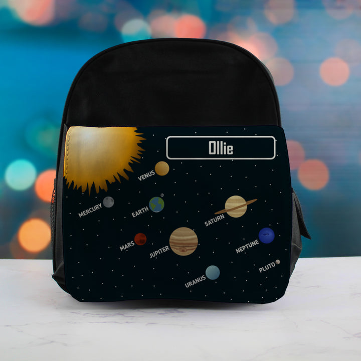 Printed Kids Black Backpack with Solar System Design, Customise with Any Name Image 3