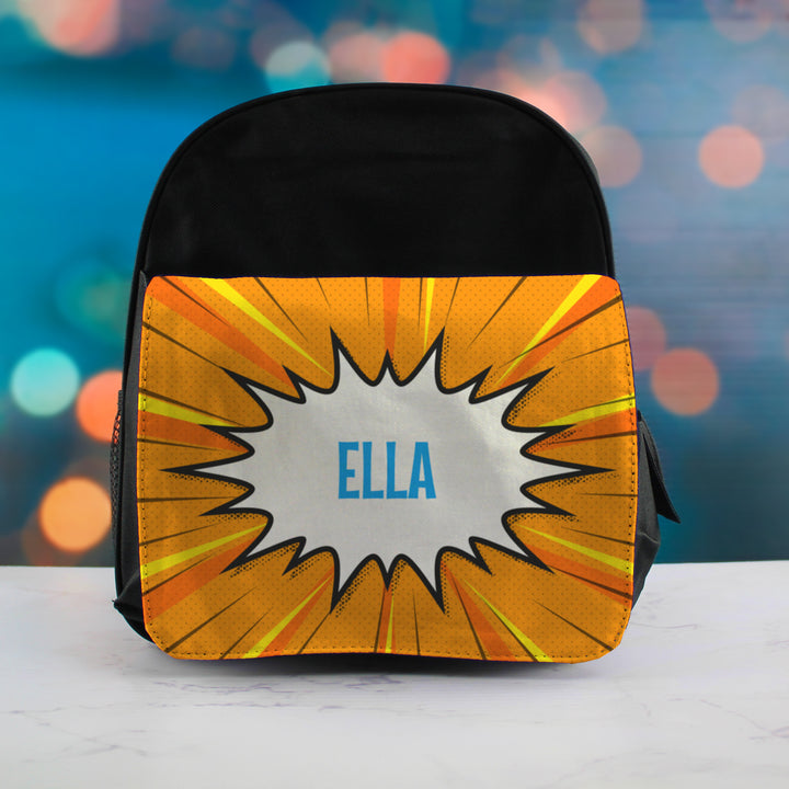 Printed Kids Black Backpack with Comic Book Superhero Design, Customise with Any Name Image 3