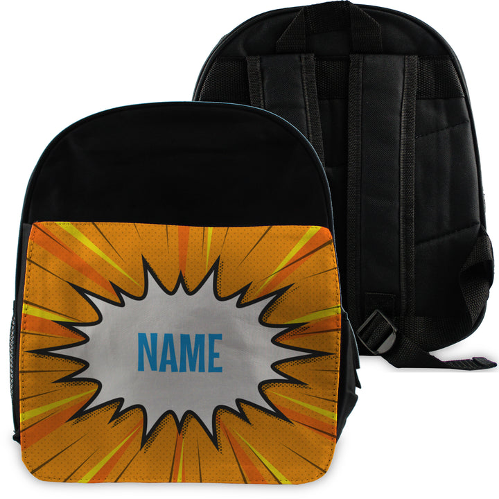 Printed Kids Black Backpack with Comic Book Superhero Design, Customise with Any Name Image 2