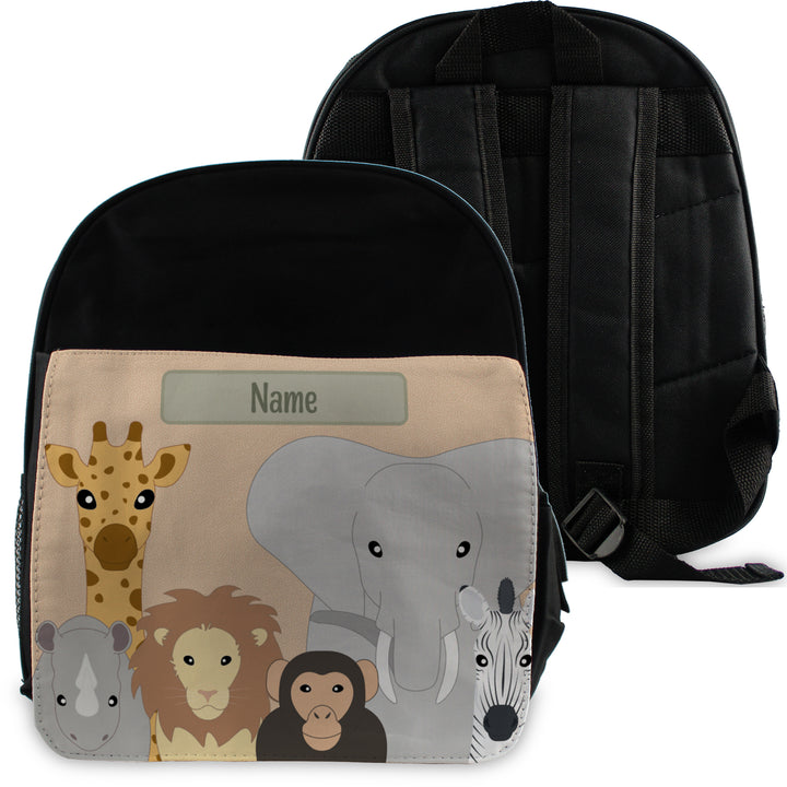 Printed Kids Black Backpack with Safari Animals Design, Customise with Any Name Image 1