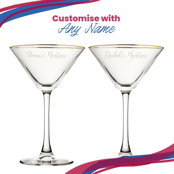 Engraved Gold Rim Martini Cocktail Glass with Name's Martini Design, Personalise with Any Name - part of the  collection