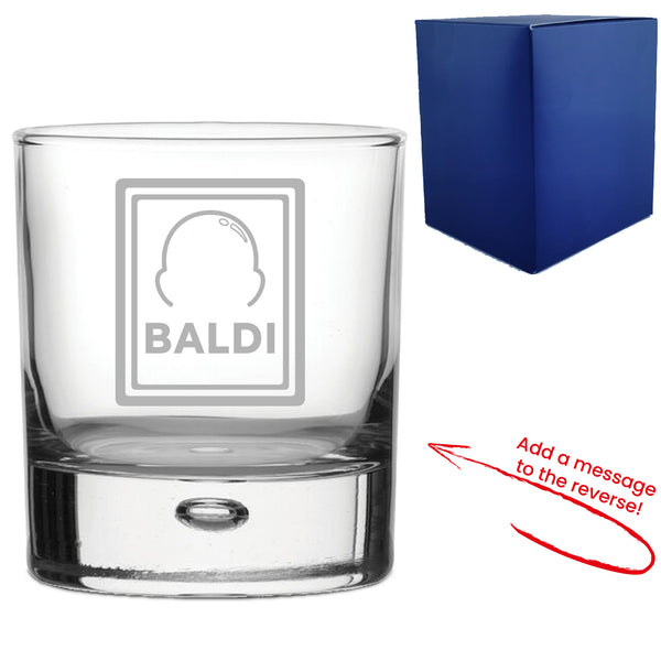 Engraved Whisky Glass with Baldi Design, Add a Personalised Message to the Reverse - part of the  collection