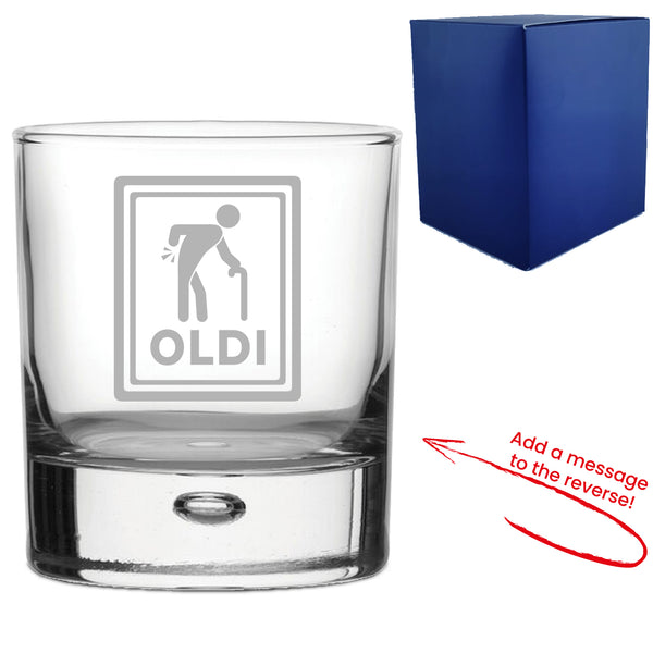 Engraved Whisky Glass with Oldi Design, Add a Personalised Message to the Reverse - part of the  collection