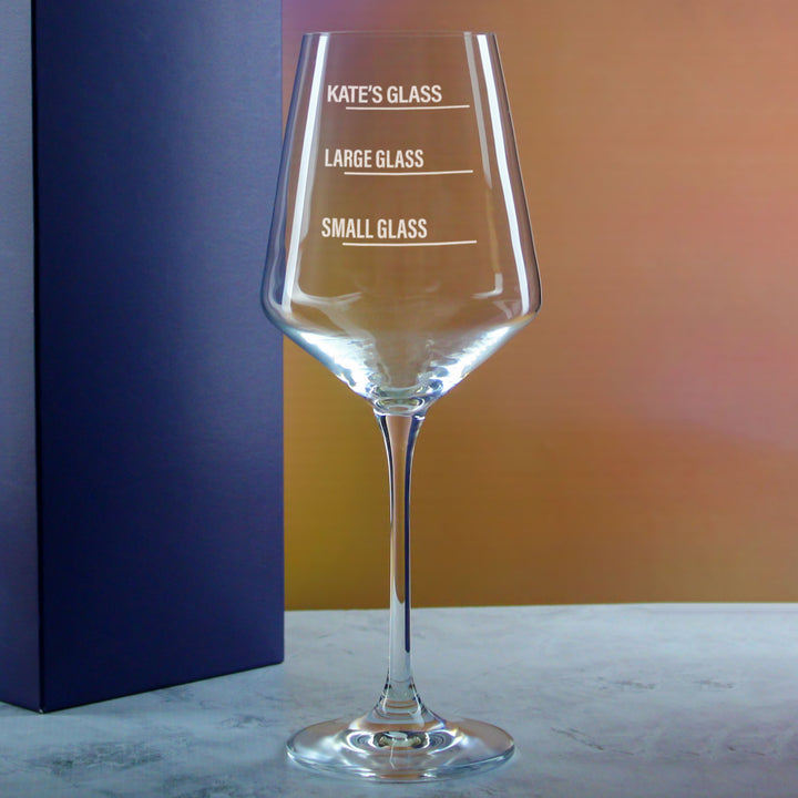 Personalised Engraved Infinity Wine Glass with Name's Glass Bold Measurements Design, Customise with Any Name Image 4