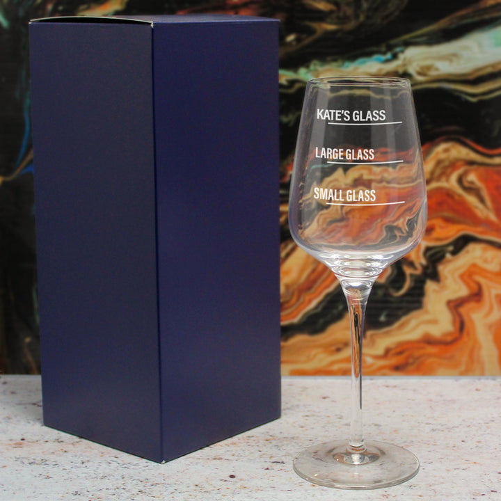 Personalised Engraved Sublym Wine Glass with Name's Glass Bold Measurements Design, Customise with Any Name Image 3