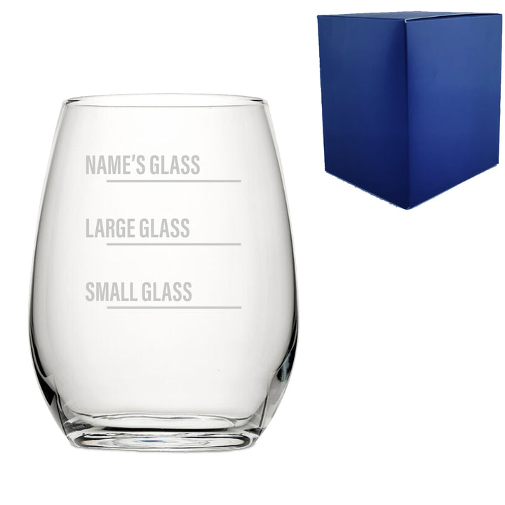 Personalised Engraved Stemless Amber Wine Glass with Name's Glass Bold Measurements Design, Customise with Any Name Image 1