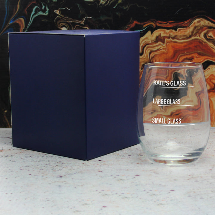 Personalised Engraved Stemless Amber Wine Glass with Name's Glass Bold Measurements Design, Customise with Any Name Image 3