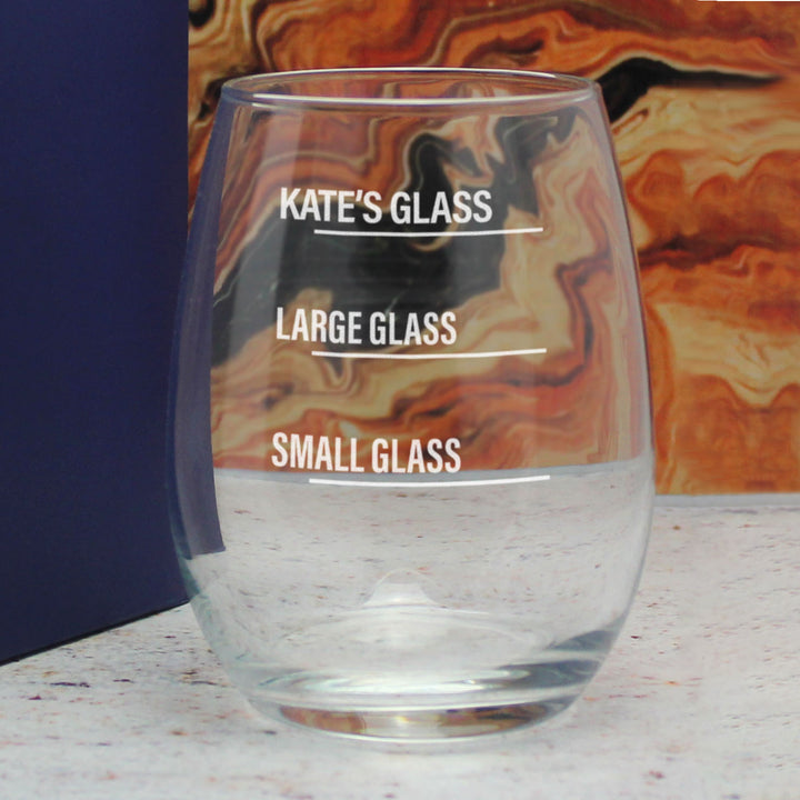 Personalised Engraved Stemless Amber Wine Glass with Name's Glass Bold Measurements Design, Customise with Any Name Image 4