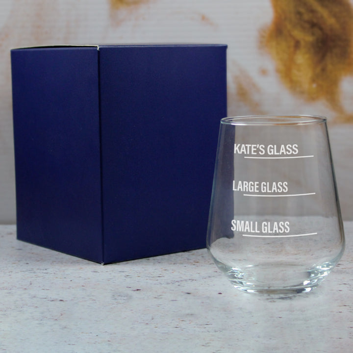 Personalised Engraved Stemless Allegra Wine Glass with Name's Glass Bold Measurements Design, Customise with Any Name Image 3