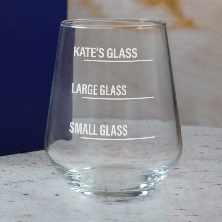 Personalised Engraved Stemless Allegra Wine Glass with Name's Glass Bold Measurements Design, Customise with Any Name Image 4