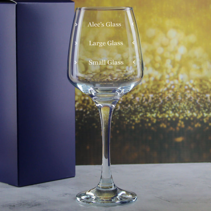 Personalised Engraved Tallo Wine Glass with Name's Glass Serif Measurements Design, Customise with Any Name Image 4