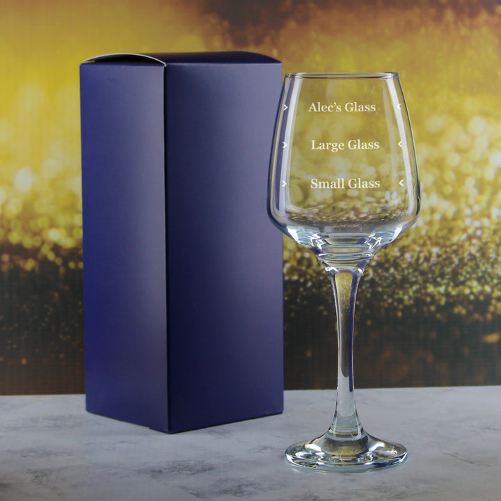 Personalised Engraved Tallo Wine Glass with Name's Glass Serif Measurements Design, Customise with Any Name Image 3