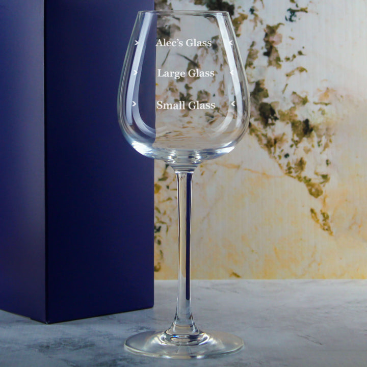 Personalised Engraved Wine Emotions Wine Glass with Name's Glass Serif Measurements Design, Customise with Any Name Image 4