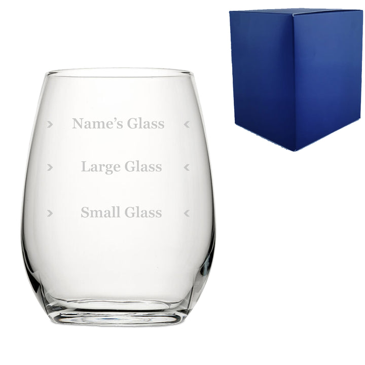 Personalised Engraved Stemless Amber Wine Glass with Name's Glass Serif Measurements Design, Customise with Any Name Image 1