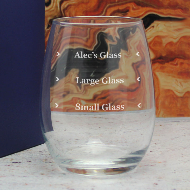 Personalised Engraved Stemless Amber Wine Glass with Name's Glass Serif Measurements Design, Customise with Any Name Image 4