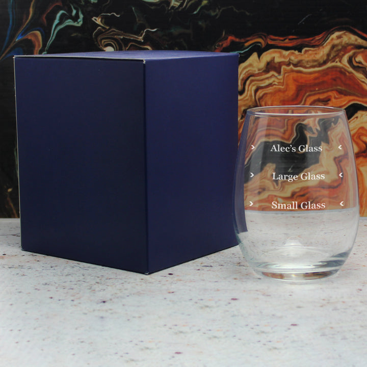 Personalised Engraved Stemless Amber Wine Glass with Name's Glass Serif Measurements Design, Customise with Any Name Image 3