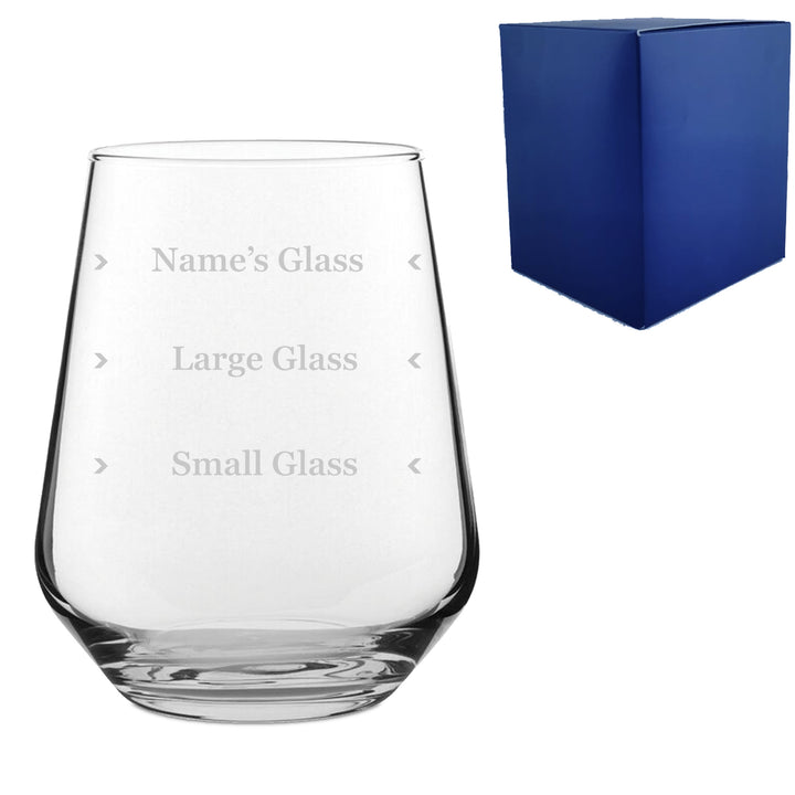 Personalised Engraved Stemless Allegra Wine Glass with Name's Glass Serif Measurements Design, Customise with Any Name Image 2