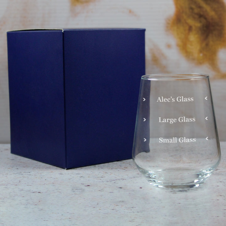 Personalised Engraved Stemless Allegra Wine Glass with Name's Glass Serif Measurements Design, Customise with Any Name Image 3