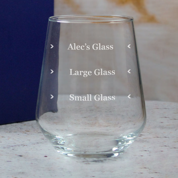 Personalised Engraved Stemless Allegra Wine Glass with Name's Glass Serif Measurements Design, Customise with Any Name Image 4