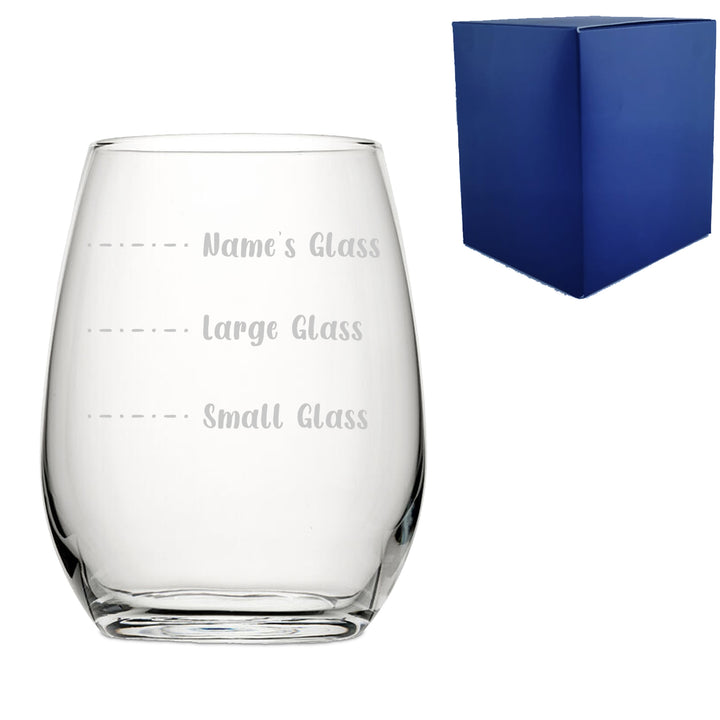 Personalised Engraved Stemless Amber Wine Glass with Name's Glass Handwritten Measurements Design, Customise with Any Name Image 1