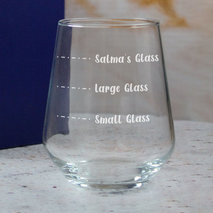 Personalised Engraved Stemless Allegra Wine Glass with Name's Glass Handwritten Measurements Design, Customise with Any Name Image 4