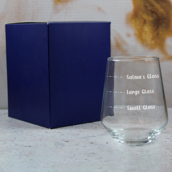 Personalised Engraved Stemless Allegra Wine Glass with Name's Glass Handwritten Measurements Design, Customise with Any Name Image 3