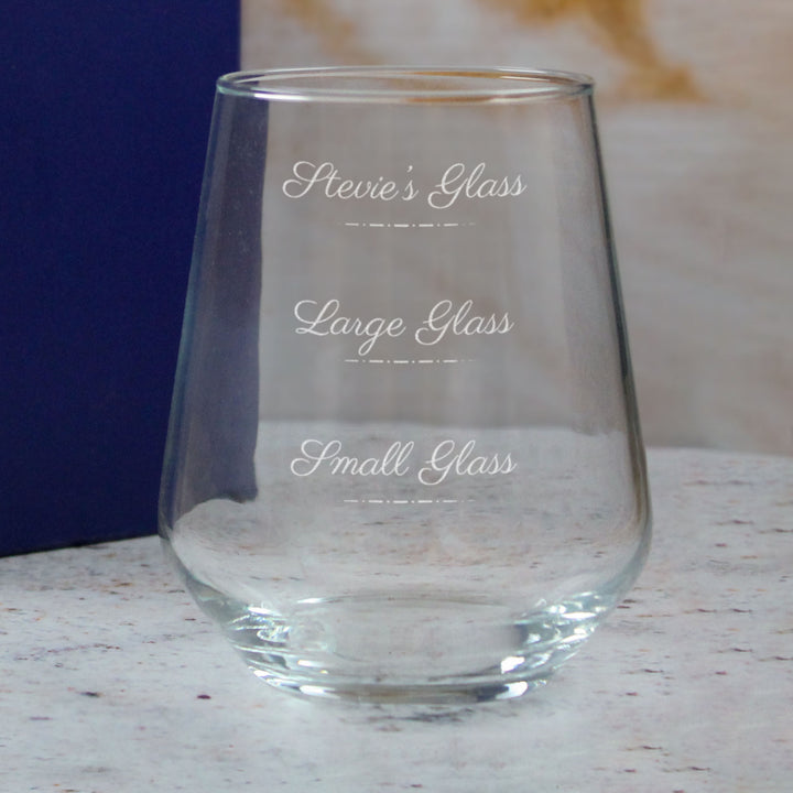 Personalised Engraved Stemless Allegra Wine Glass with Name's Glass Script Measurements Design, Customise with Any Name Image 4