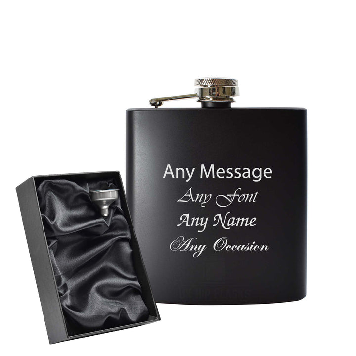 Engraved 6oz Black Hip flask - Any Name, Message, Font - black satin gift box - part of the Gifts Finder  collection