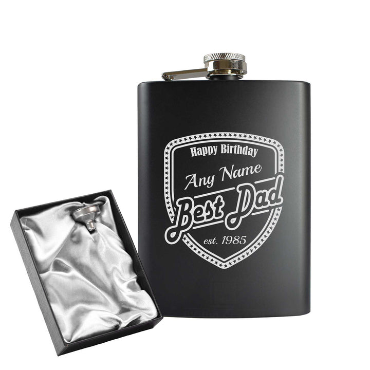 Engraved 8oz Black Hip flask with Birthday shield - part of the Gifts Finder  collection