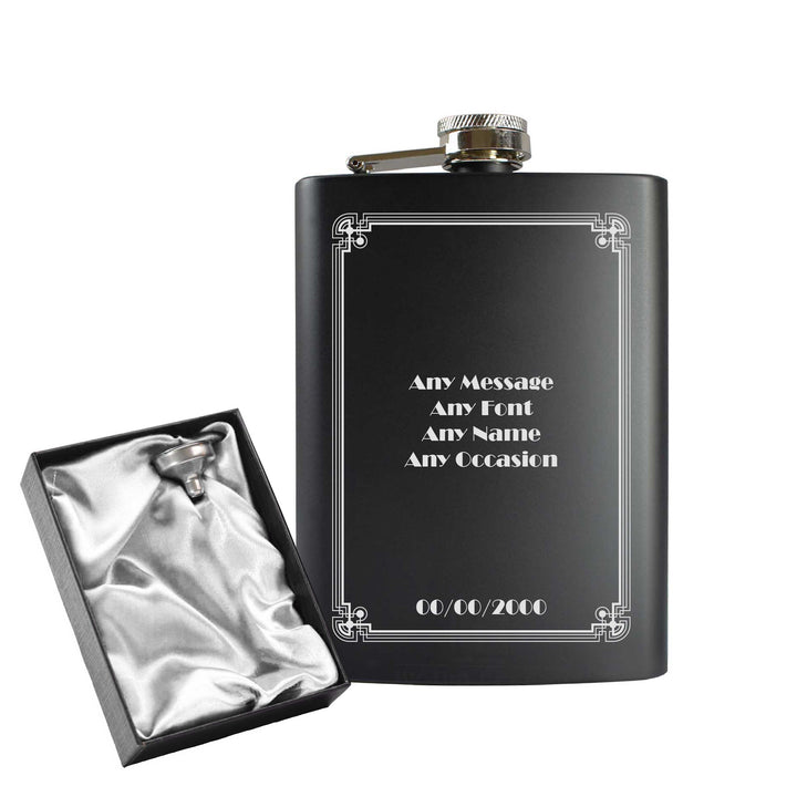 Engraved 8oz Black Hip flask with Formal border Image 2