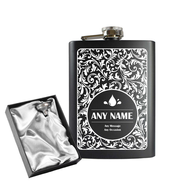 Engraved 8oz Black Hip flask with Fern leaf background Image 1