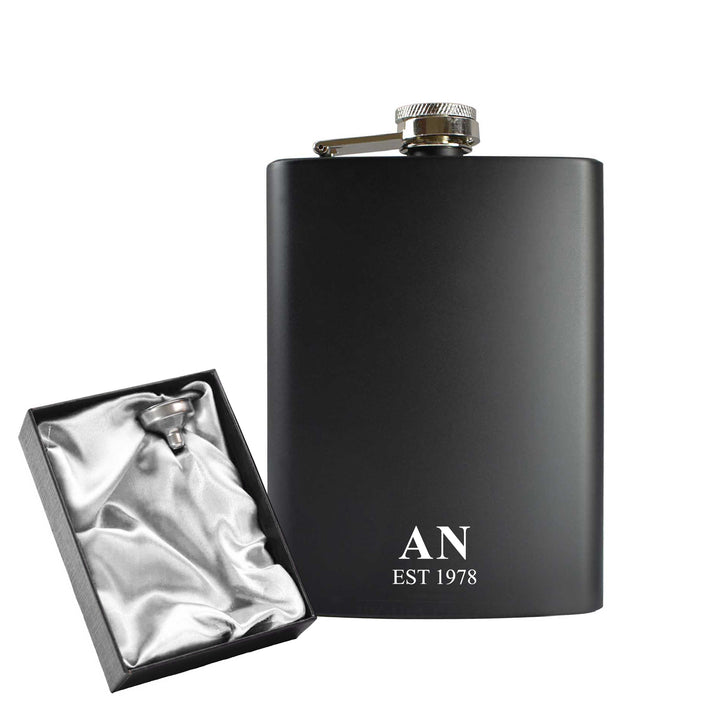 Engraved 8oz Black Hip flask with Initials and Date Image 2