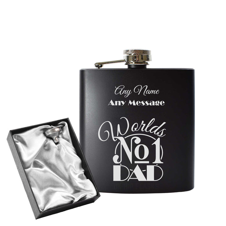 Engraved 6oz Black Hip flask with Worlds No1 Dad Image 2