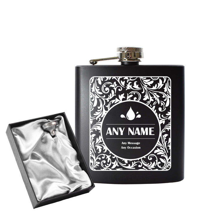 Engraved 6oz Black Hip flask with Fern leaf background Image 2