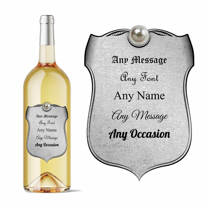 Personalised shield wine bottle label silver in colour, Add any message. - part of the Gifts Finder  collection