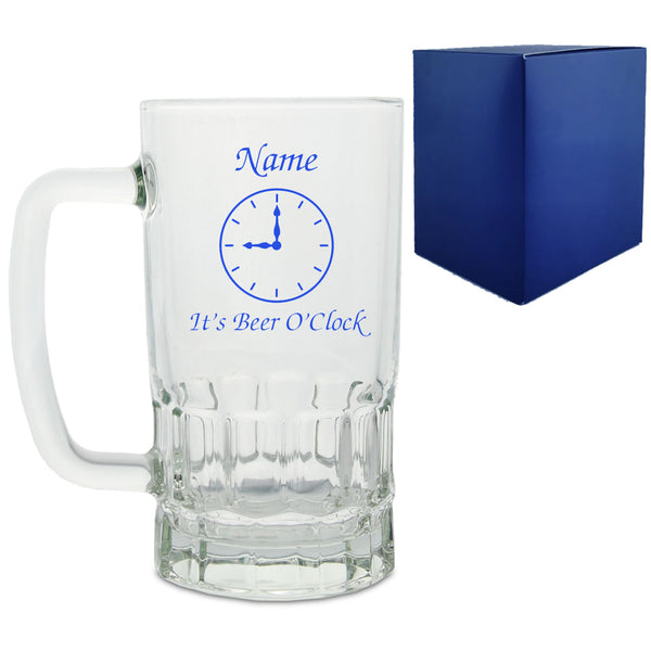 Personalised Glass Tankard, with beer o'clock design